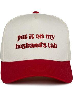 Funky Junque Baseball Hat Beige Red Canvas Put It on My Husband Tab Snapback Hat